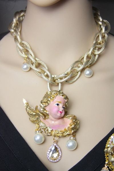 SOLD! 4172 Runway Total Baroque Hand Painted Chubby Cherub Chain Pearl Necklace