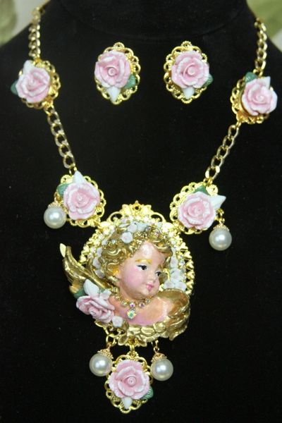 4173 Set Of Runway Total Baroque Hand Painted Chubby Cherub Roses Pearl Necklace+ Earrings