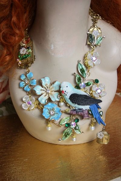 SOLD! 1278 Unusual Art Nouveau Vivid Light Blue Parrot Birdcage Crystal Necklace Set
