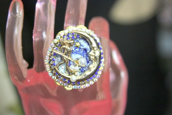 SOLD! 4199 Massive Genuine Agate Moon Metal Adjustable Cocktail Ring