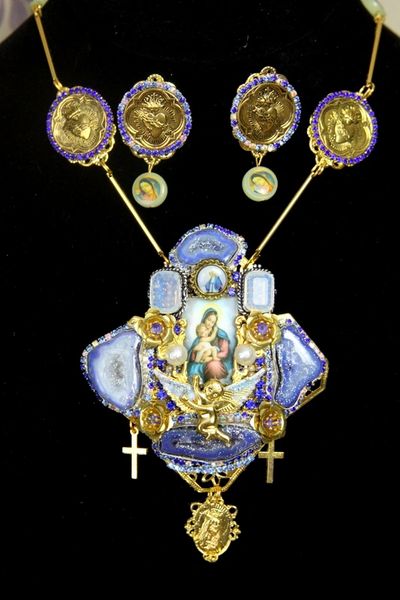 SOLD! 4201 Set Of Virgin Mary Madonna Genuine Agate Moon Stone Sacred Heart + Earrings