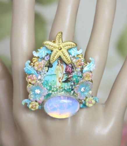 SOLD! 4203 Birth Of Venus Huge Cocktail Shell Moon Stone Pearl Adjustable Ring