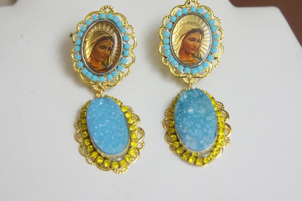 SOLD! 4207 Virgin Mary Madonna Genuine Druzy Agate Earrings Studs