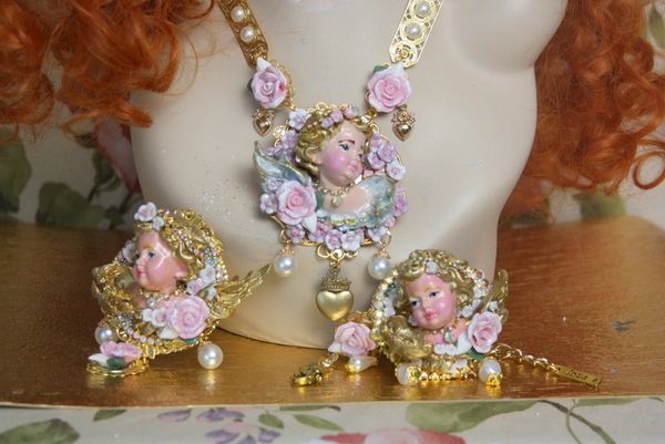 SOLD! 4208 Set Of Runway Total Baroque Hand Painted Chubby Cherub Roses Pearl Necklace+ Earrings