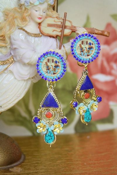 SOLD! 4214 Egyptian Revival Genuine Turquoise Lapis Cameo Earrings Studs