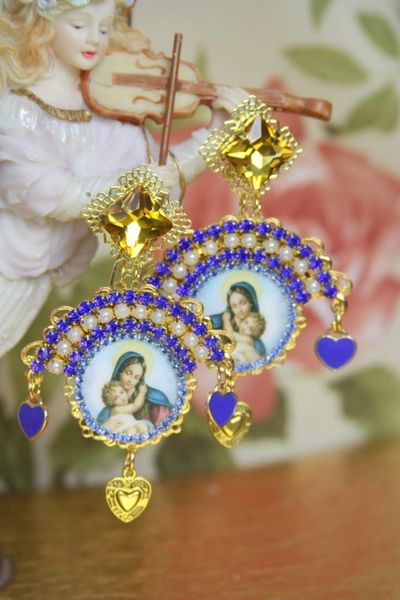 SOLD! 4215 Madonna Virgin Mary Blue Cameo Earrings Studs
