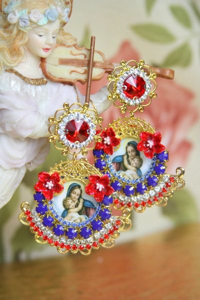 SOLD! 4216 Madonna Virgin Mary Blue Red Orchid Cameo Earrings Studs