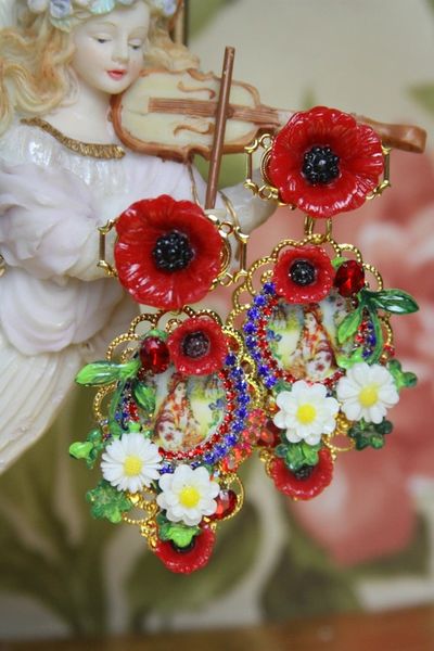 SOLD! 4219 Ukrainian Folk Poppy Daisy Cameo Earrings Studs