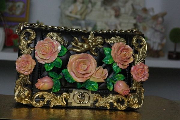 SOLD! 522 Baroque Gold CherubsHand Painted Chunky Roses Le Boy Shoulder Handbag