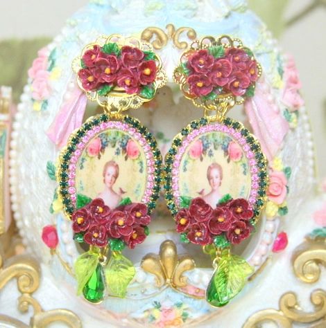 SOLD! 4244 Young Marie Antoinette Hand Painted Dark Flowers Cameo Earrings Studs