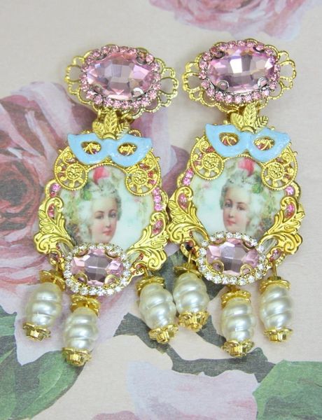 SOLD! 4245 Marie Antoinette Hand Painted Mask Pearl Pink Crystal Cameo Earrings Studs