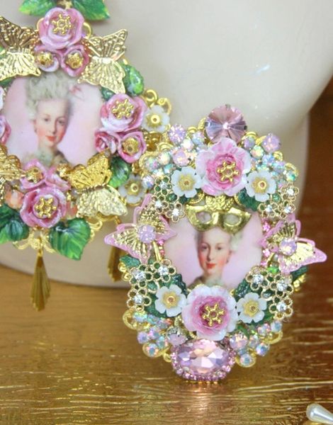 SOLD! 4247 Victorian Young Marie Antoinette Fan Mask Hand Painted Huge Crystal Brooch