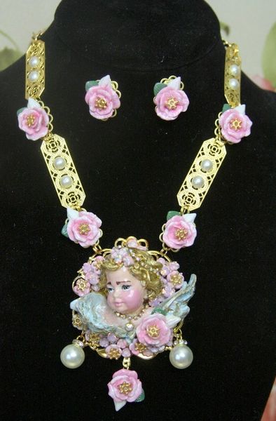 SOLD! 4248 Set Of Runway Total Baroque Hand Painted Chubby Cherub Roses Pearl Necklace+ Earrings
