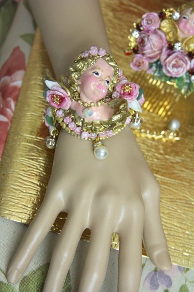 SOLD! 4258 Zibellini Total Baroque Chubby Hand Painted Cherub Angel Roses Bracelet