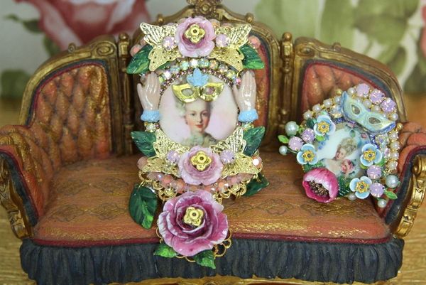 SOLD! 4261 Young Marie Antoinette Mask Hand Painted Huge Crystal Brooch