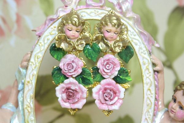 SOLD! 4262 Baroque Sleeping Cherubs Hand Painted Roses Studs Earrings