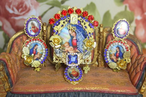 SOLD! 4263 Set Of Virgin Mary Madonna Huge Crystal Brooch+ Earrings