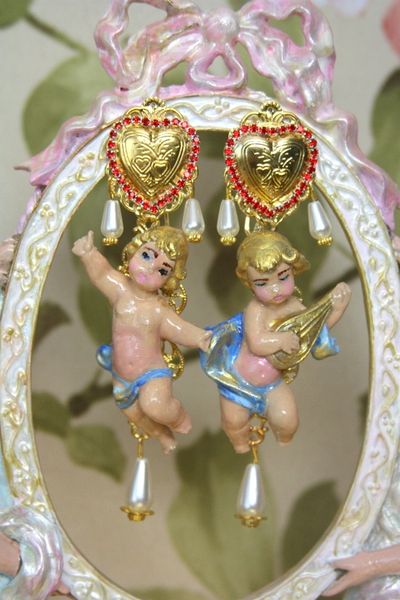 SOLD! 4270 Hand Painted Cherubs Baroque Sacred Heart Earrings Studs
