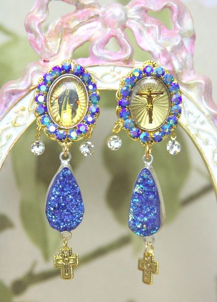 SOLD! 4274 Genuine Titanium Druzy Jesus Church Elegant Cross Earrings Studs