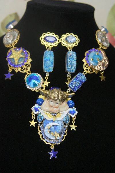 4279 Set Of Genuine Titanium Druzy Solar Quartz Moon Cherub Baroque Necklace+ Earrings