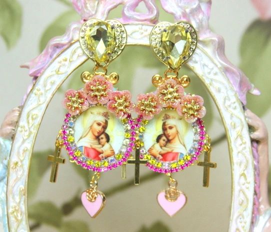 SOLD! 4293 Virgin Mary Madonna Flowers Yellow Crystal Heart Earrings Studs