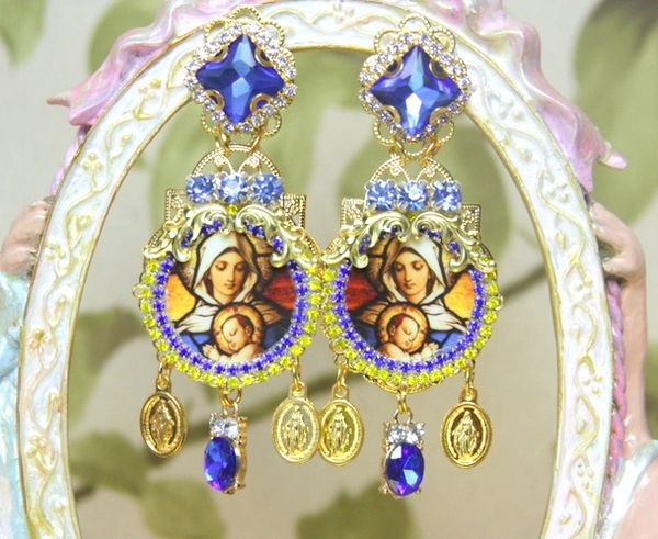 SOLD! 4294 Virgin Mary Madonna Stain Glass Crystal Heart Earrings Studs