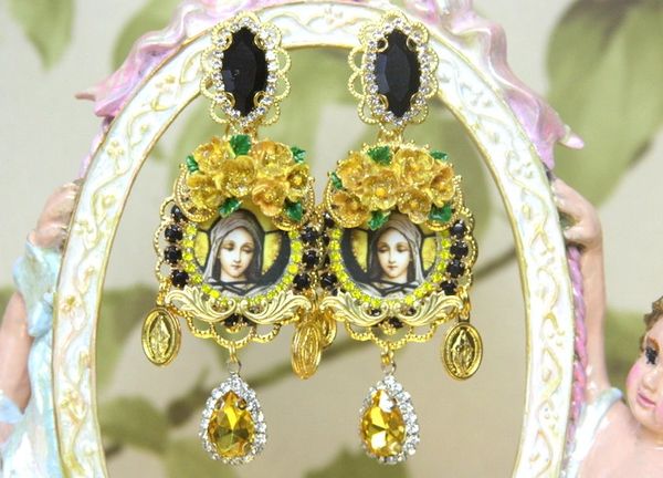 SOLD! 4297 Virgin Mary Madonna Gold Flowers Black Crystal Earrings Studs