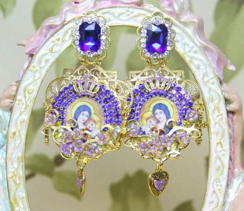 SOLD! 4298 Virgin Mary Madonna Cameo Lavender Flowers Blue Crystal Earrings Studs