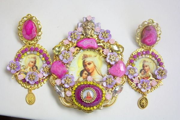 SOLD! 4301 Set Of Genuine Solar Quartz Fuchsia Unique Virgin Mary Madonna Crown Jesus Huge Crystal Brooch