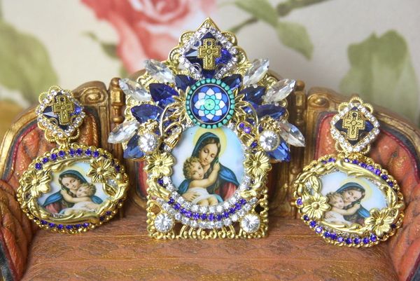 SOLD! 4302 Set Of Genuine Solar Quartz Fuchsia Unique Virgin Mary Madonna Crown Jesus Huge Crystal Brooch