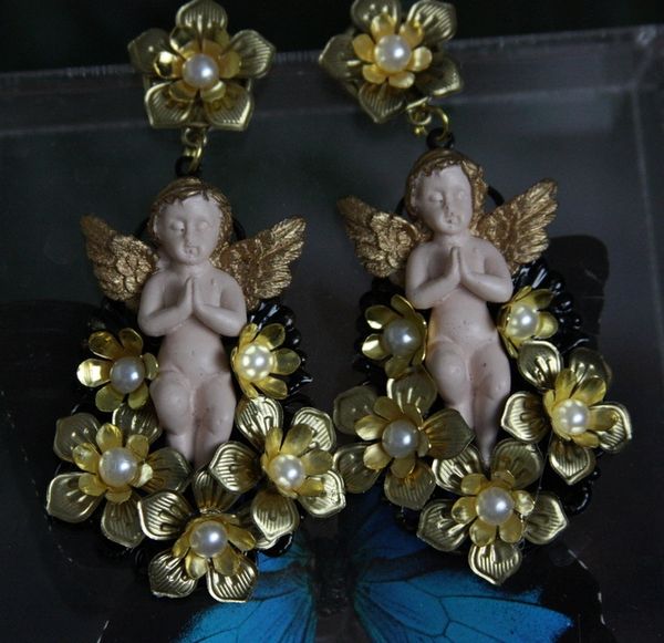 SOLD! 532 Baroque Vivid Cherub Massive Metal Flower Pearl Earrings Studs
