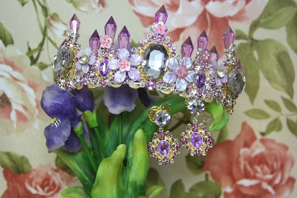 SOLD! 4303 Set Of Lavender Flower Crystal Stunning Tiara+ Earrings