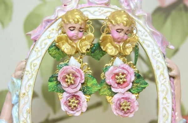 SOLD! 4309 Baroque Sleeping Cherubs Hand Painted Roses Studs Earrings
