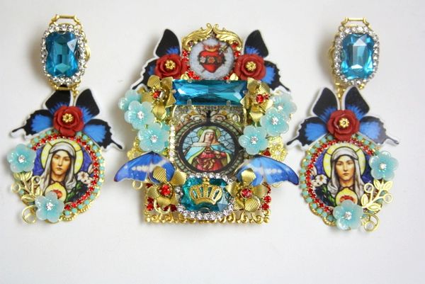 SOLD! 4326 Set Of Madonna Virgin Mary Stain Glass Butterfly Huge Crystal Brooch