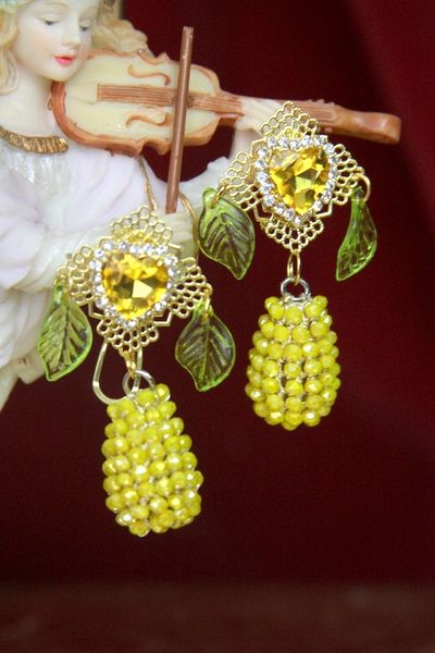 SOLD! 4345 Baroque Beaded Pineapple Yellow Crystal Studs Earrings