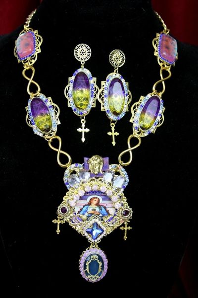 SOLD! 4346 Set Of Stained Glass Saint Genuine Tourmaline Fire Labradorite Church Necklace+ Earrings