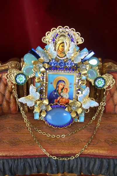 SOLD! 4347 Unique Virgin Mary Genuine Fire Labradorite Madonna Butterfly Huge Crystal Brooch