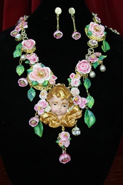 SOLD! 4348 Set Of Huge Vivid Cherub AngelRunway Roses Dangle Leaves Long Necklace+ Earrings