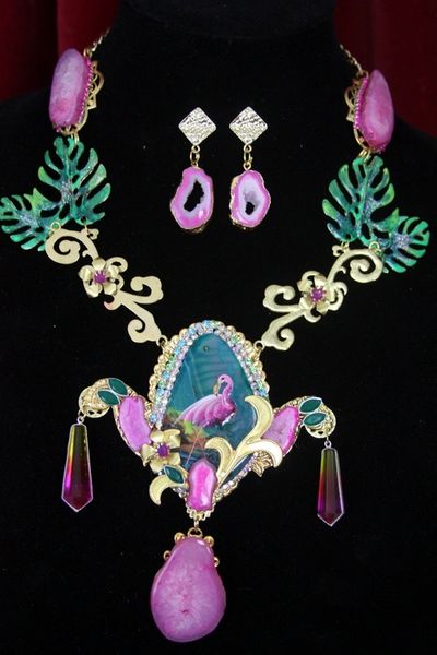 SOLD! 4351 Set Of Genuine Hand Painted Agate Tourmaline Unique Pink Flamingo Sterling Silver Unique Necklace + Earrings