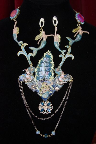 SOLD! 4352 Set Of Genuine Hand Painted Agate Mermaids Ship Sterling Silver Unique Necklace + Earrings