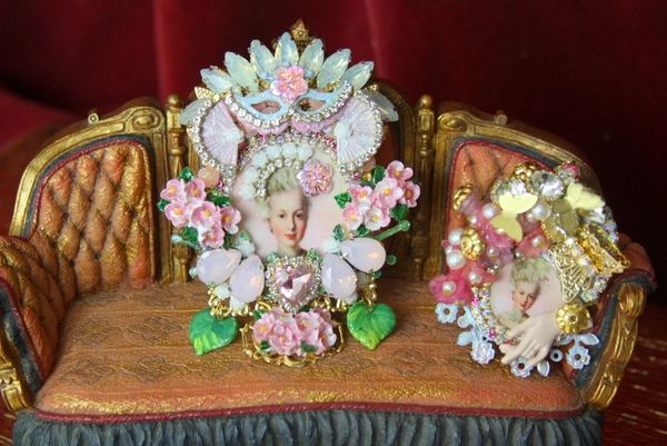 SOLD! 4363 Victorian Young Marie Antoinette Fan Mask Roses Hand Painted Huge Crystal Brooch
