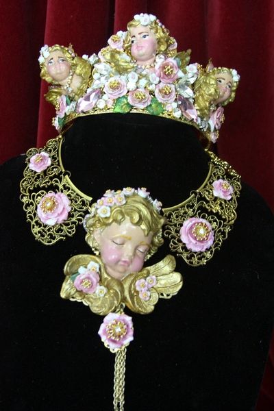 SOLD! 4369 Baroque Huge Sleeping Vivid Cherub Angel Roses Collar Necklace