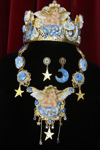 SOLD! 4370 Baroque Hand Painted Cherub Putti In Clouds Moon Stars Necklace Set