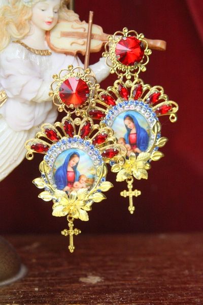 SOLD! 4381 Church Madonna Virgin Mary Red Crystal Studs Earrings