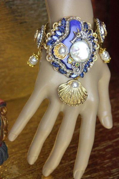 SOLD! 4382 Genuine Blue Botswana Agate Biwa Pearl Mother Of Pearl Sterling Silver Seahorse Crystals Bracelet