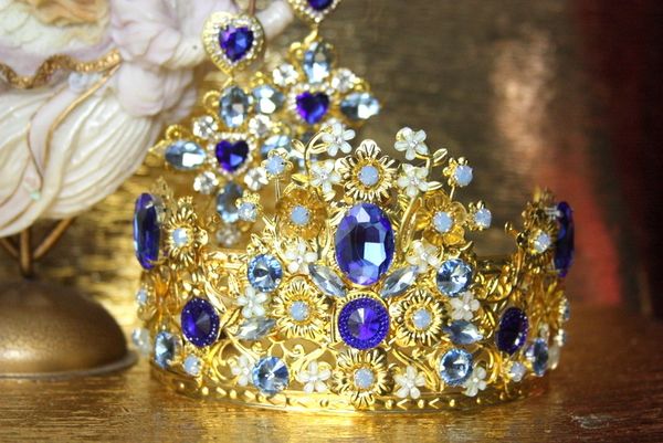 SOLD! 4385 Baroque Blue crystal Flower Leaf Crystal Crown Headband