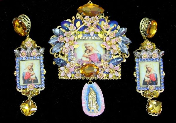 SOLD! 4383 Set Of Madonna Virgin Mary Cherry Blossom Huge Church Crystal Brooch
