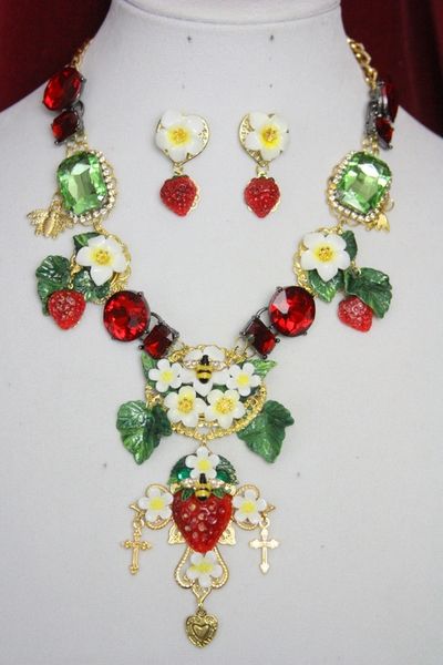SOLD! 4389 Set Of Unique Sicilian Strawberry Cross Hand Painted Necklace+ Earrings