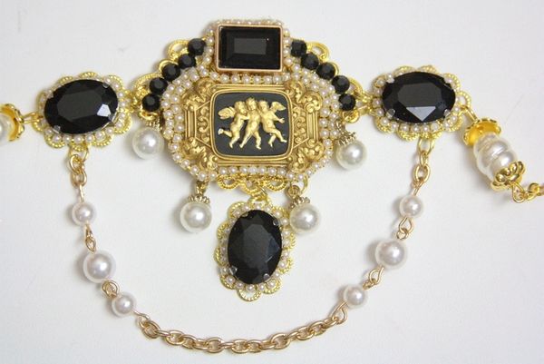 SOLD! 4394 Antique Vintage Style Cherubs Angels Black Crystals Bracelet