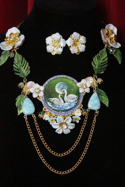 SOLD! 4395 Set Of Genuine Hand Painted Agate Swan Couple Caribbean Larimar Unique Necklace + Earrings